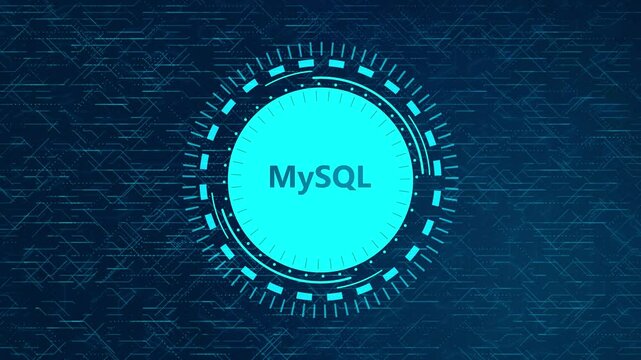 Futuristic MySQL Concept Over Rotating HUD Elements and Animated Circuit Background