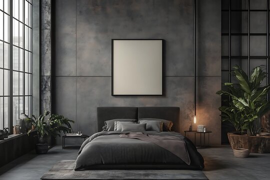 Dark Bedroom Mockup with Concrete Wall