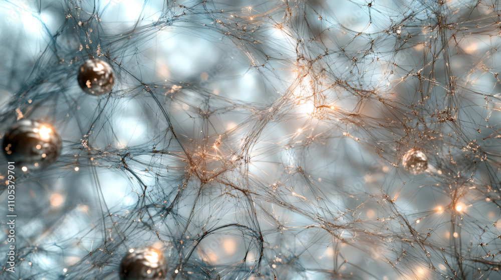 Leinwandbilder complex network of glowing fibers and metallic spheres forming an intricate and abstract structure, 