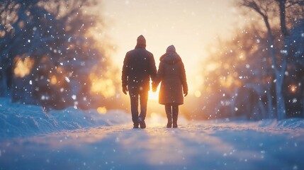 Obraz premium Couple holding hands, walking in snowy winter sunset.