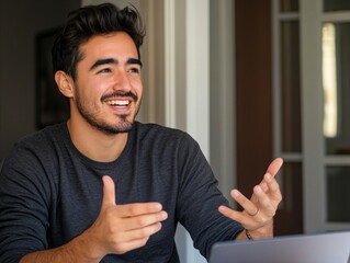 Smiling Man Explaining Concepts with Hands in Use