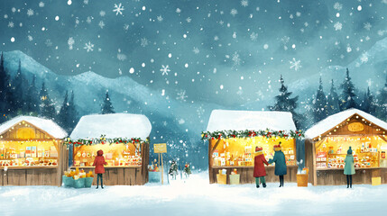 A winter holiday market with charming stalls selling handmade crafts and warm beverages, snowflakes gently falling from the sky.