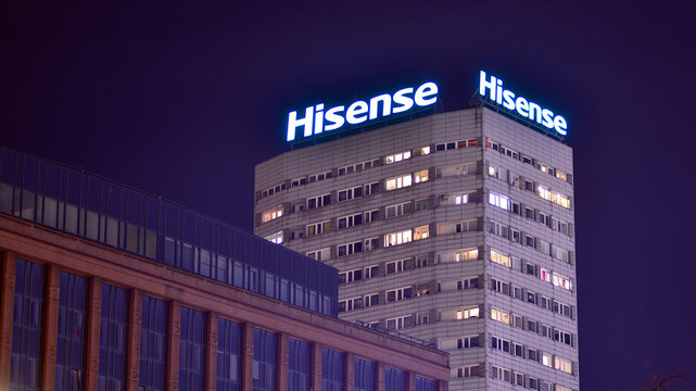 Warsaw, Poland. 22 November 2024. The city center with office centers and  modern buildings. Urban landscape. Company signboard Hisense.