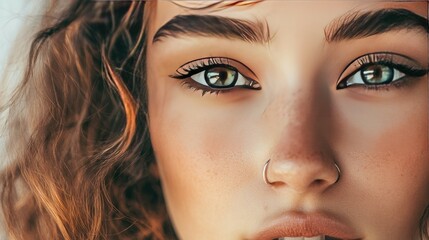 Fototapeta premium A close-up of a young woman's nose ring, framed by her soft curls and minimalist makeup, in natural light.