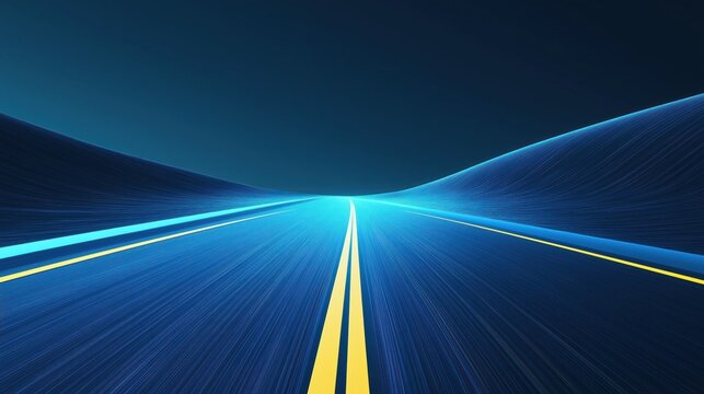 Abstract road illustration shows speed, tech future. Dynamic lines represent fast movement. Yellow lines indicate pathway. Dark blue shades create futuristic feeling. Suitable for tech presentations