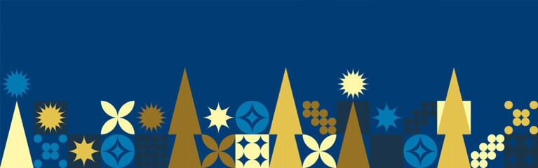 Geometric seamless pattern with winter blue patterns, Christmas trees in Scandinavian style. New Year's fashionable color pattern for textiles and wallpaper, gift design trend.