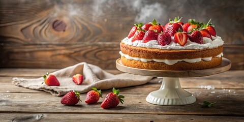 Delicious Strawberry Cream Cake on Rustic Wooden Table
