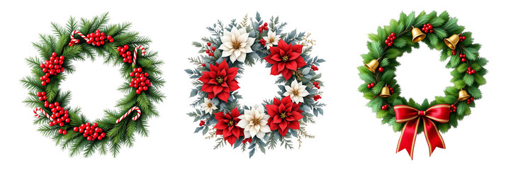 Collection of christmas decorative wreath isolated on transparent Background