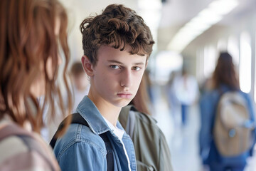Fototapeta premium Intense close-up of a young sad frightened boy girl facing bullying at school, surrounded by peers, Generative AI