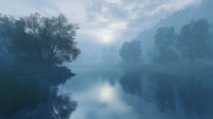 Fototapeta premium Drifting fog over a still lake at dawn, foggy weather, calm and ethereal.