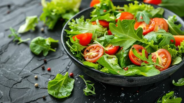 fresh salad with cherry tomatoes and greens on a dark textured background, healthy food concept, vibrant colors, organic ingredients, appetizing presentation, ideal for healthy lifestyle promotion