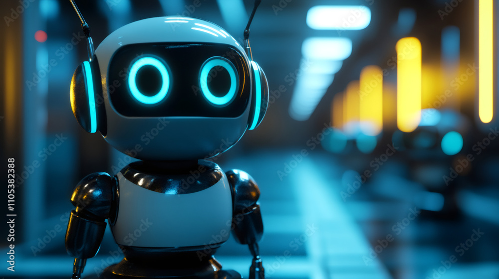 Leinwandbilder Exploring a futuristic spaceship corridor with a small, friendly robot and vibrant neon lights, highlighting artificial intelligence and space discovery
