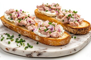Three Tuna Toasts with Cream Cheese Red Onion and Chives