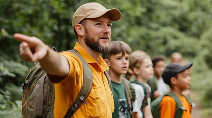 Nature Guide Leading Kids on Hiking Trail Adventure