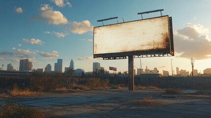A weathered billboard stands in an empty lot, overlooking a cityscape at sunset. The blank sign offers endless advertising possibilities.