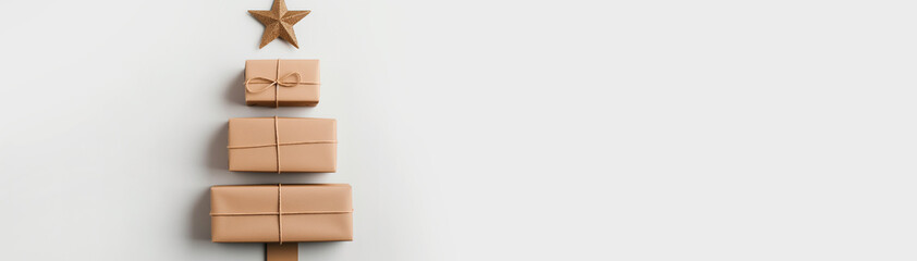 Obraz premium Christmas parcel delivery. Christmas tree made of boxes and decorative star on white background. Top view, copy space. Boxes one above another in the shape of a Christmas tree. Holiday, gift mailing