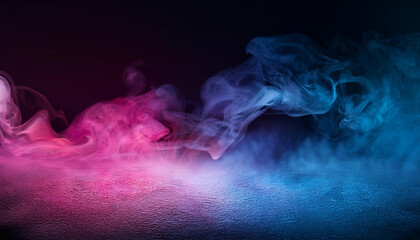 Abstract blue and pink smoke on black background. Blue mist on the ground. Fog backdrop.