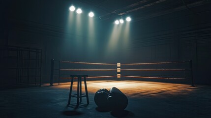 A pair of boxing gloves rest on the floor of an empty boxing ring, illuminated by spotlights. The scene evokes a sense of anticipation and solitude.