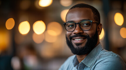 Obraz premium Smiling young man with glasses poses confidently against a blurred caf? backdrop in the late afternoon
