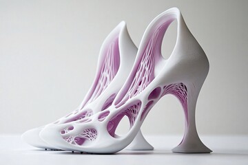 Pair of futuristic high heels created with 3d printing technology, showcasing innovative and intricate design
