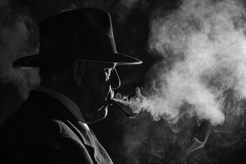 Obraz premium Generative AI Image of Retro Gangster Smoking in Dramatic Low-Light Silhouette