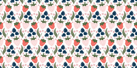 Seamless Mixed Berry Pattern with Strawberries, Raspberries, Blueberries, Green Leaves, and Pink Flowers on White Background for Decorative Designs