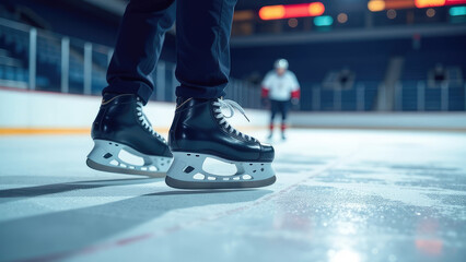 Fototapeta premium Ice Hockey Player. Hockey Skates on Ice Arena 