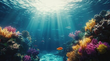 Fototapeta premium Vibrant coral reef teeming with life, bathed in sunlight filtering through the ocean's surface. A breathtaking underwater scene.