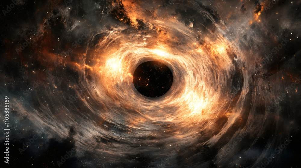 Poster swirling clouds of interstellar dust and gas illuminating a black hole in deep space