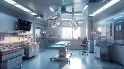 A sterile and modern operating room, bathed in soft, natural light.  The room is equipped with state-of-the-art medical technology, including surgical lights and monitoring equipment.