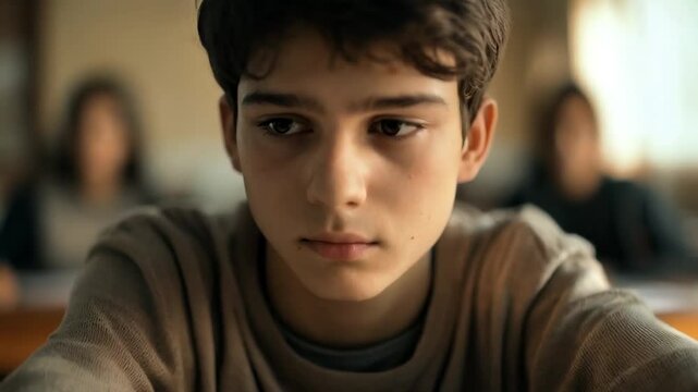A Serious High School Student Sitting and Staring Forward as the Camera Slowly Zooms In