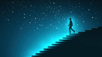Silhouette of a person ascending a glowing staircase into the stars