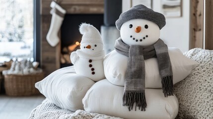 A creative snowman Christmas decoration crafted from stacked white cushions, with a scarf and hat adding charm.