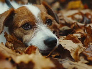 Dog Peeking from Amidst Autumn Leaves