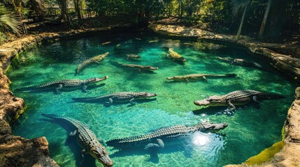 Fototapeta premium A crocodile farm's water enclosure with multiple crocodiles swimming and sunbathing along the banks.