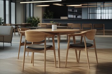 Contemporary wooden table and chairs in a modern interior workspace during daytime hours