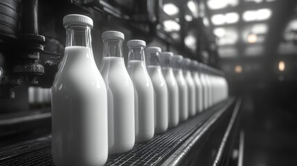 Milk Bottles on a Conveyor Belt in a Factory