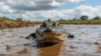 Obraz premium A crocodile lying in shallow water, its eyes barely above the surface, surrounded by a farm environment.