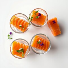 Fototapeta premium Elegant salmon bites, a gourmet appetizer, seen from above.