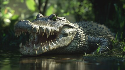 Naklejka premium A crocodile with its mouth open, showing sharp teeth, resting near a pond in a controlled farm habitat.