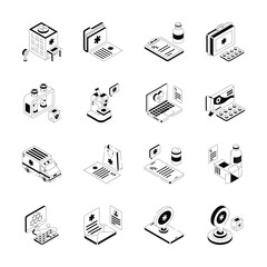 Collection of modern isometric icons represents various aspects of healthcare and pharmacy,