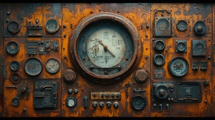 Vintage industrial control panel with rusty orange metal and multiple gauges. Retro machinery dashboard featuring central pressure dial and various meters creating steampunk aesthetic