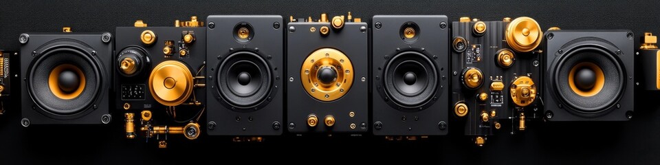 Fototapeta premium A sleek arrangement of black and gold audio speakers showcasing high-fidelity sound system components in a modern design