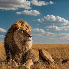 A regal lion sitting in a golden savanna under a bright blue sky.