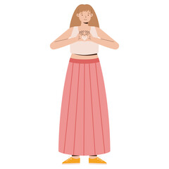 Illustration of a Woman in a Pink Skirt Showing Heart Gesture with a Friendly Smile