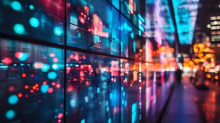 Obraz premium Urban Night Lights Reflecting on a LED Wall