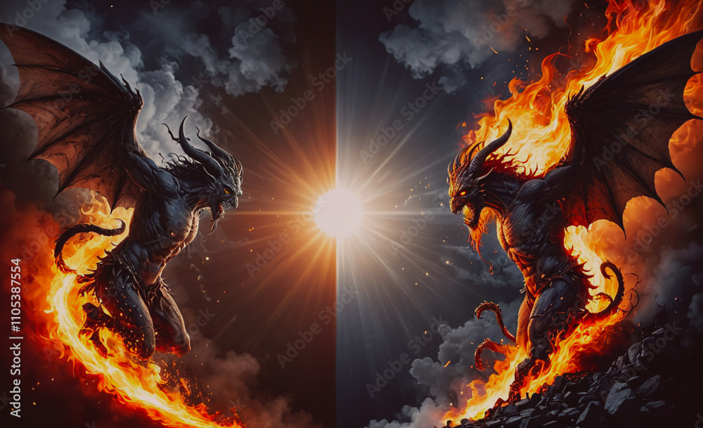 Poster two dragons are fighting in the sky. one is on the left and the other is on the right