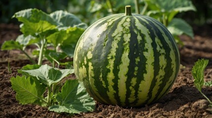 Here's a  and keyword list for your stock photo.. Ripe watermelon growing in garden.