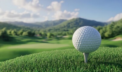 Obraz premium A golf ball in focus sitting on a tee with a beautiful green golf course in the background