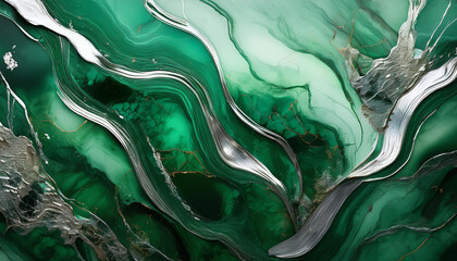 Abstract green marble texture with silver splashes. Seamless veins. Natural material.